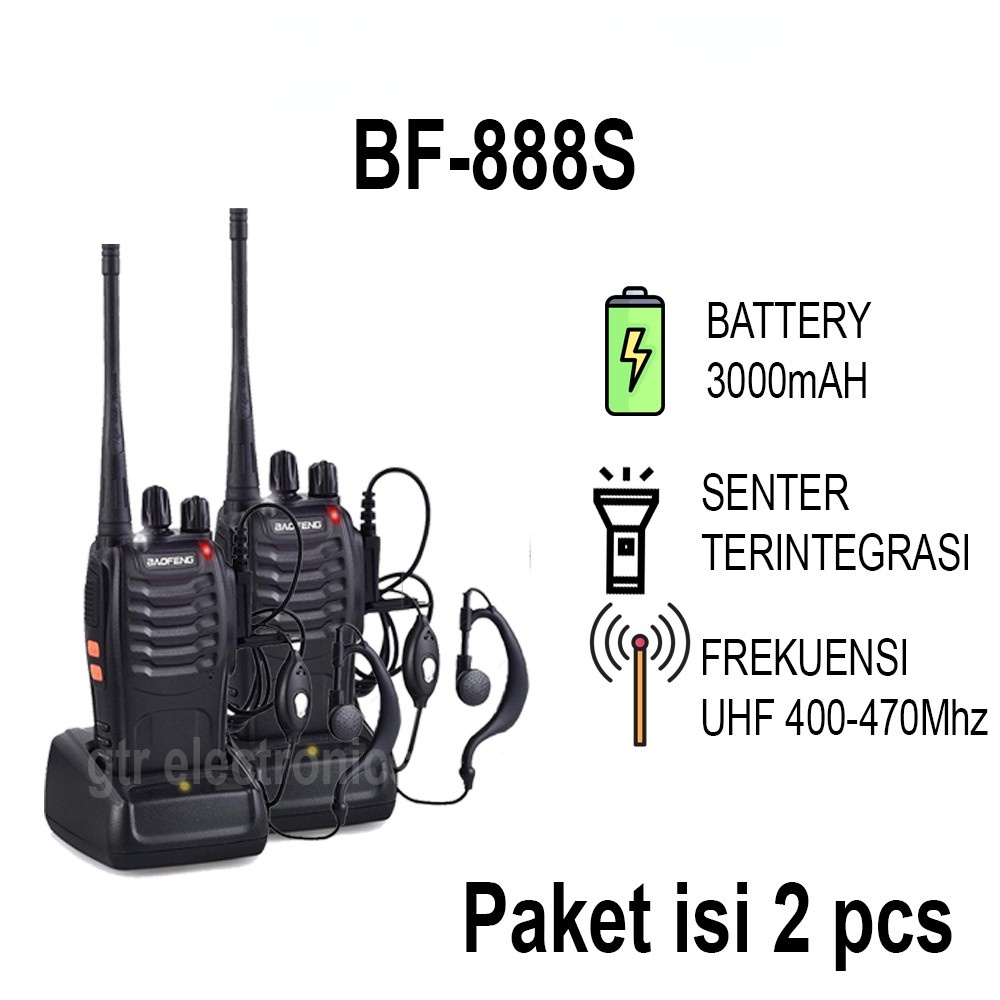 Baofeng 888S 5W 16Ch 400-470MHz Interphone Radio Dua Arah Walkie Talkie (Hitam) Set 2 atau 1