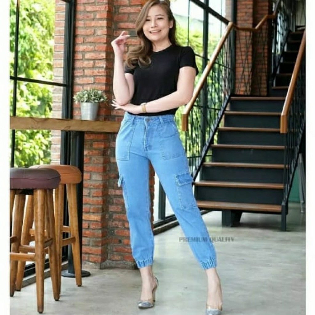 JOGGER CARGO CELANA JEANS WANITA Stretch PREMIUM Kekinian Murah