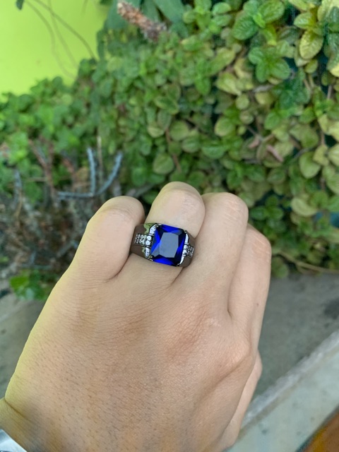 Cincin Pria Casual Akik Safir Biru Blue Saphire Cubic Zirconia Ring Hitam Gold Filled 18K