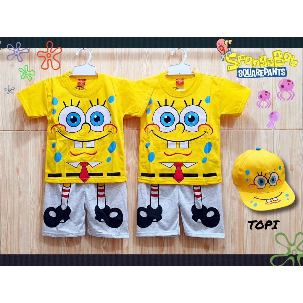 Setelan Spongebob Pendek + Topi Anak Umur 2 - 10 Tahun Pakaian Kaos Atasan Spongebob Pendek + Topi Anak SGL