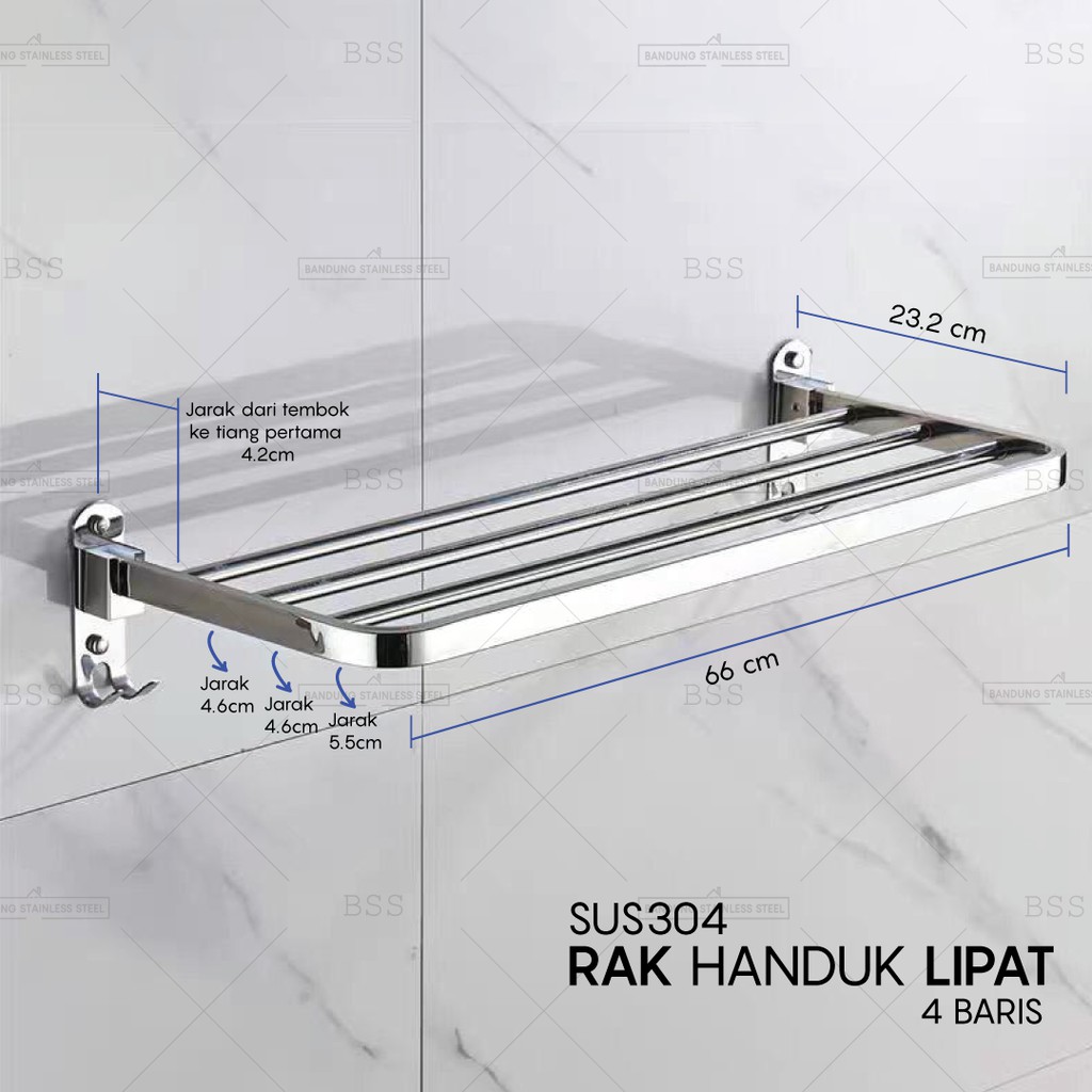 SUS304 Rak Handuk 4 Baris 66cm Stainless Hitam Doff Towel Rack Silver Kamar Mandi Gantung Anti Karat