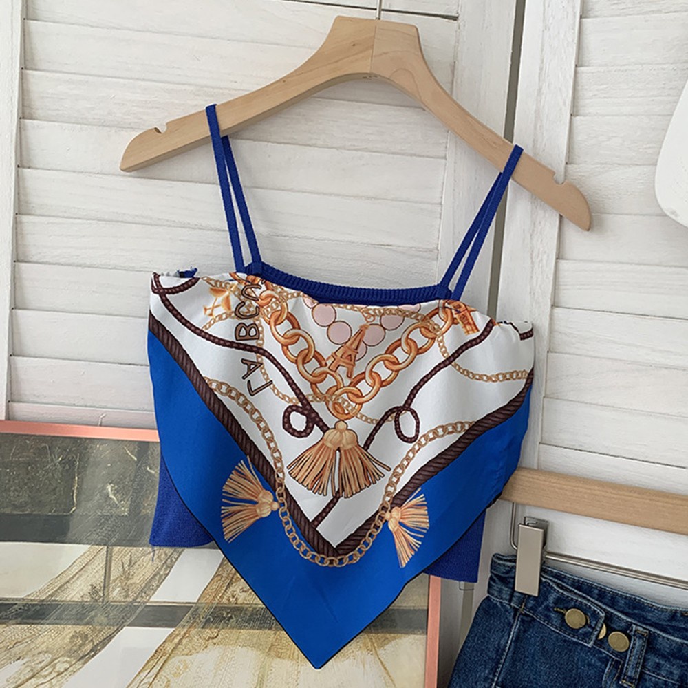 Satin Wanita Dasi Kembali Simpul Tali Spaghetti Tank Top Tabung Tak Berlengan-Biru