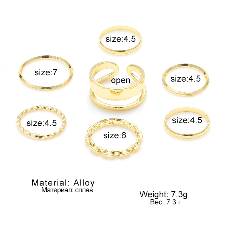 7pcs / Set Cincin Desain Geometri Twist Minimalis Bahan Metal Warna Emas Gaya Punk Untuk Wanita