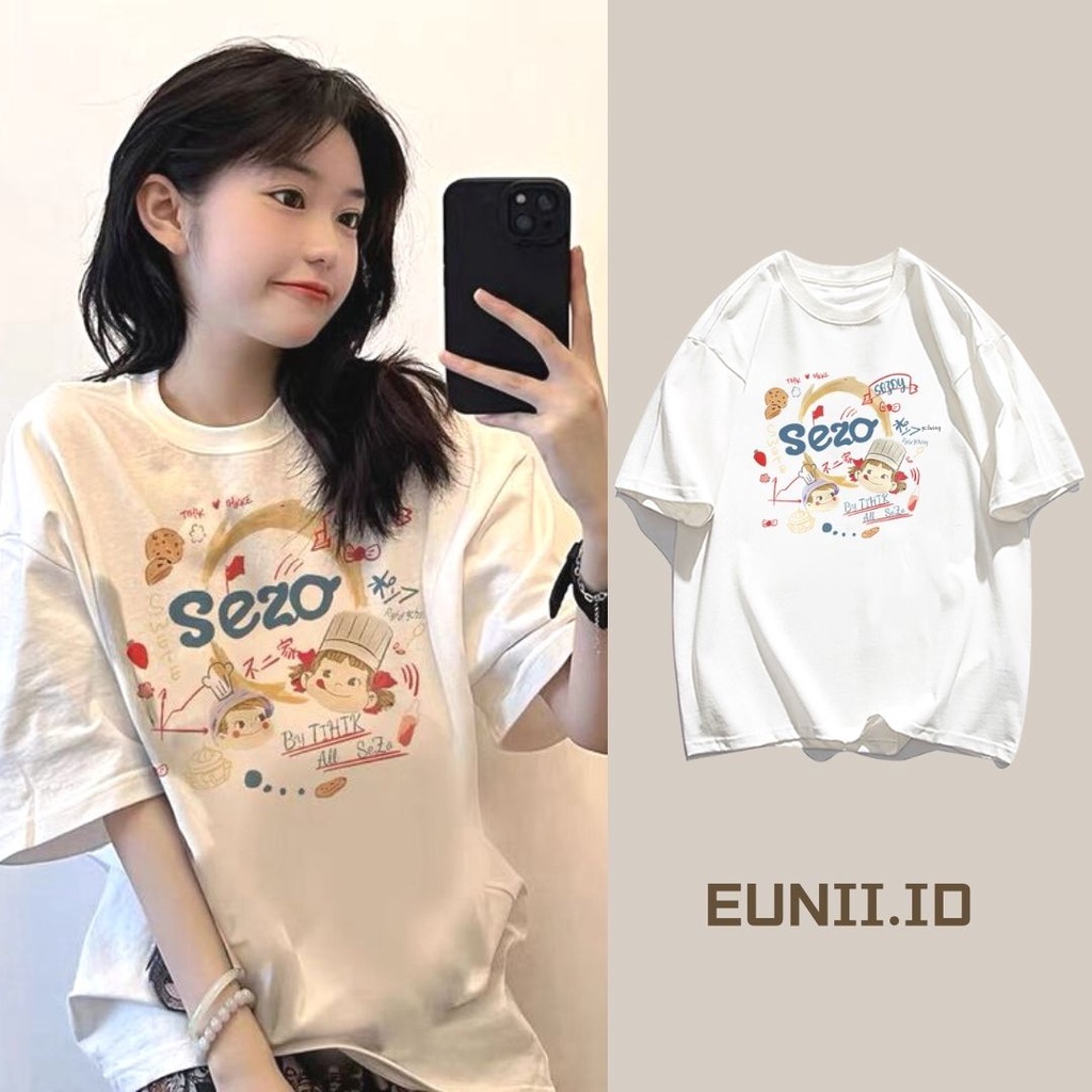 EUNII T-shirt Lengan Pendek Imut Kartun Pencetakan Longgar Korean Style/Kaos Atasan Wanita/Baju Kaus Oversize Wanita