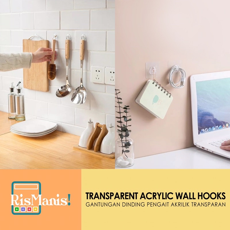 TRANSPARENT ACRYLIC WALL HOOKS - Pengait Gantungan Dinding Hanger Akrilik Bening Kuat Tempel Tembok