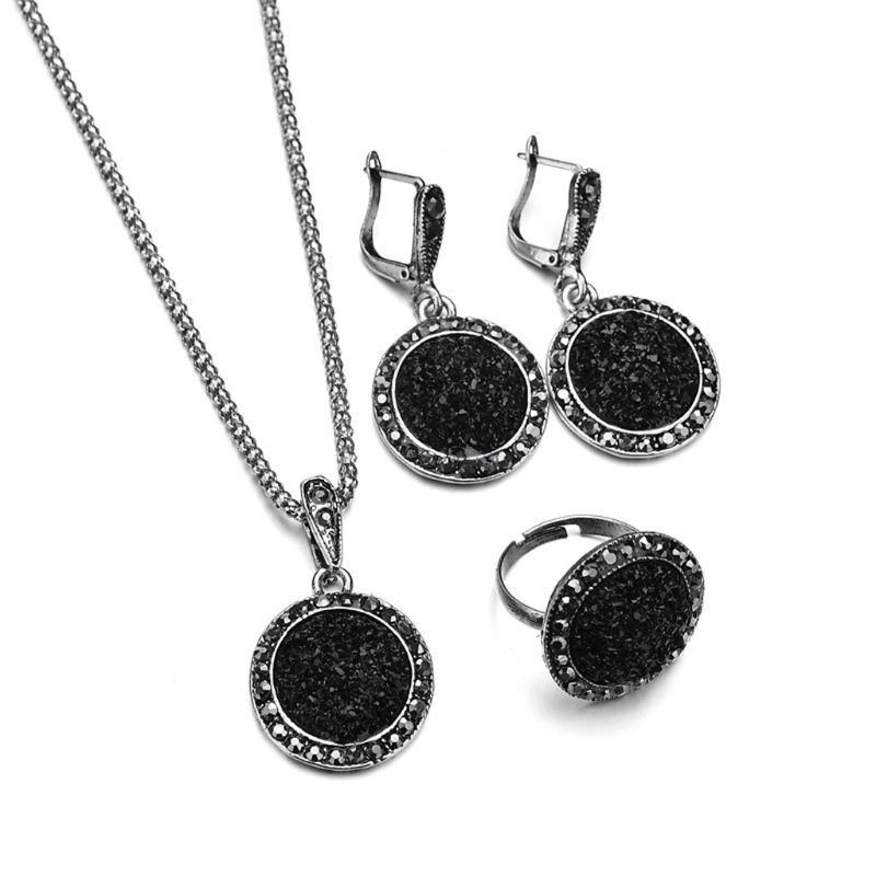 SIY  1 Set Black Round Rhinestone Necklace Earrings Ring Wedding Jewelry Sets Women