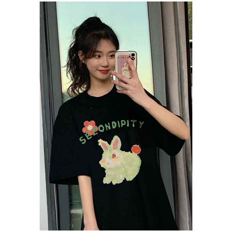 EUNII T-shirt Lengan Pendek Cetakan Kelinci Lucu Longgar Gaya Korean Style/Kaos Atasan Wanita/Baju Kaus Oversize Wanita