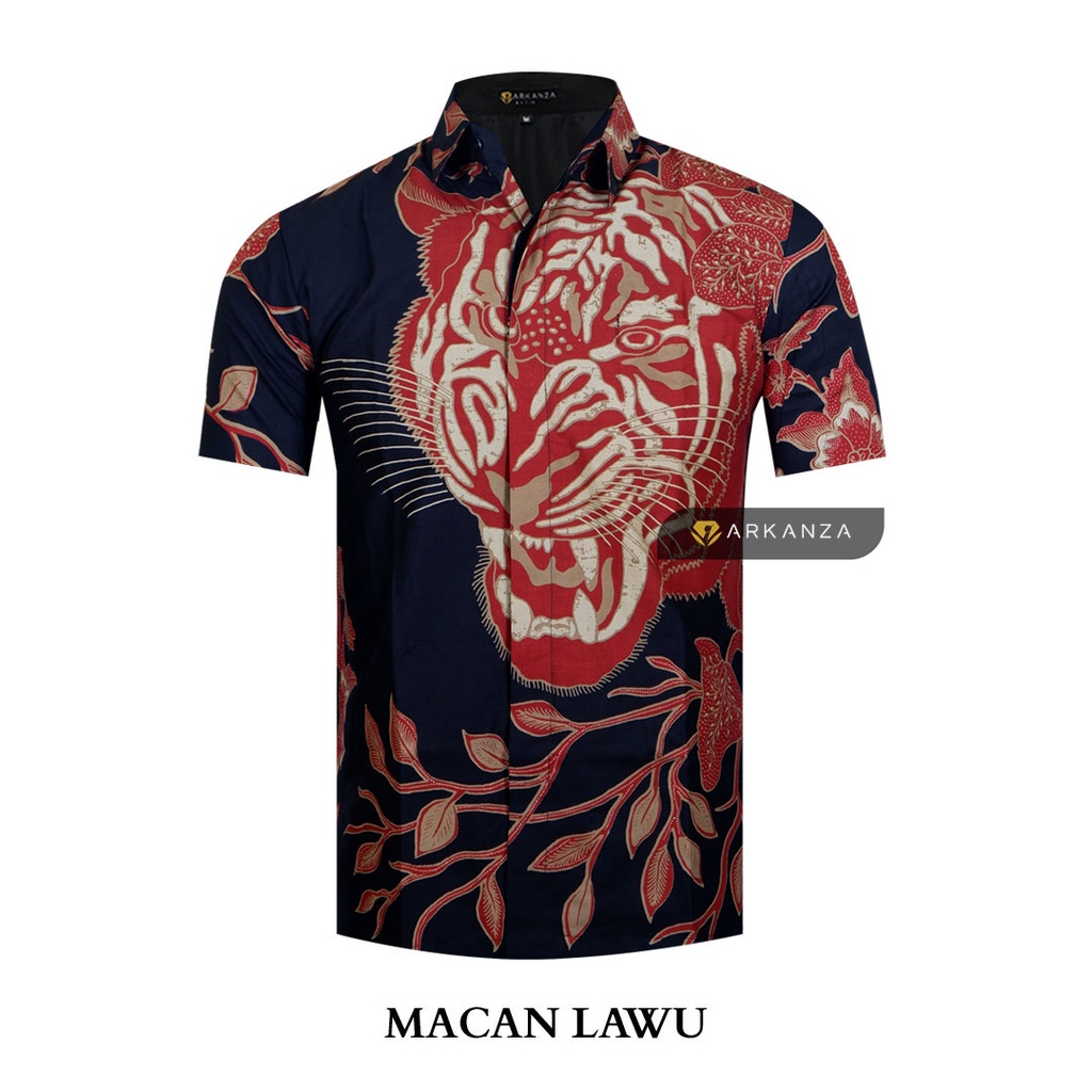 BATIK ARKANZA Motif MACAN LAWU Hem Atasan Kemeja Baju Batik Pria Cowok Laki Laki Slimfit Full Lapis Furing Lengan Panjang Lengan Pendek Original Asli