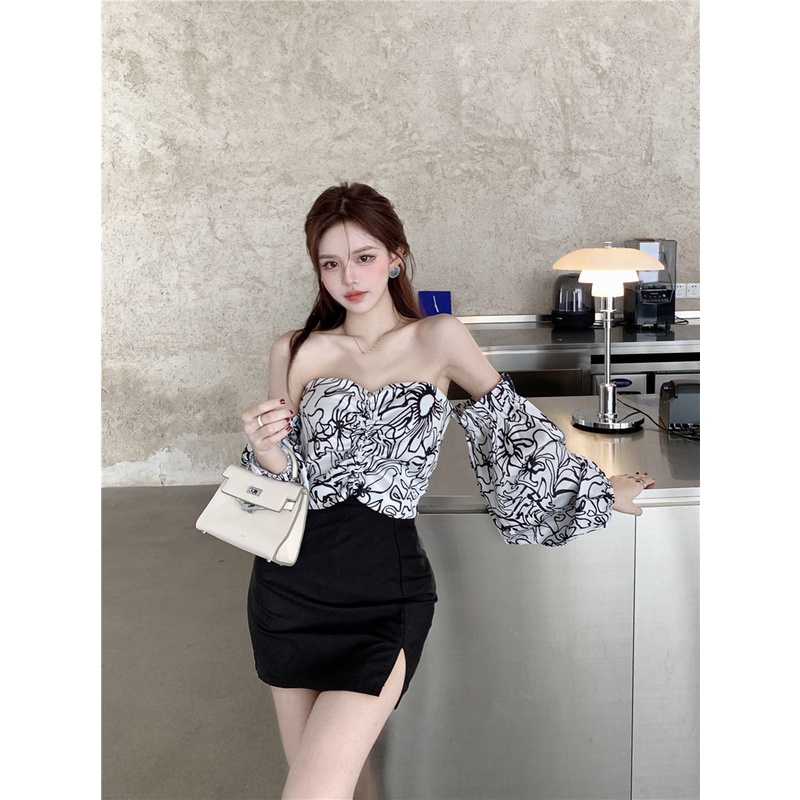 Suhao Puff Sleeve Shirt French Print Bandeau Shirt Cropped Top