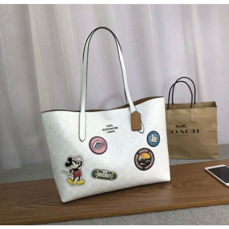 SALE DEFECT COACH X DISNEY CITY ZIP TOTEBAG MICKEY MOUSE WHITE SIGNATURE 2IN1
