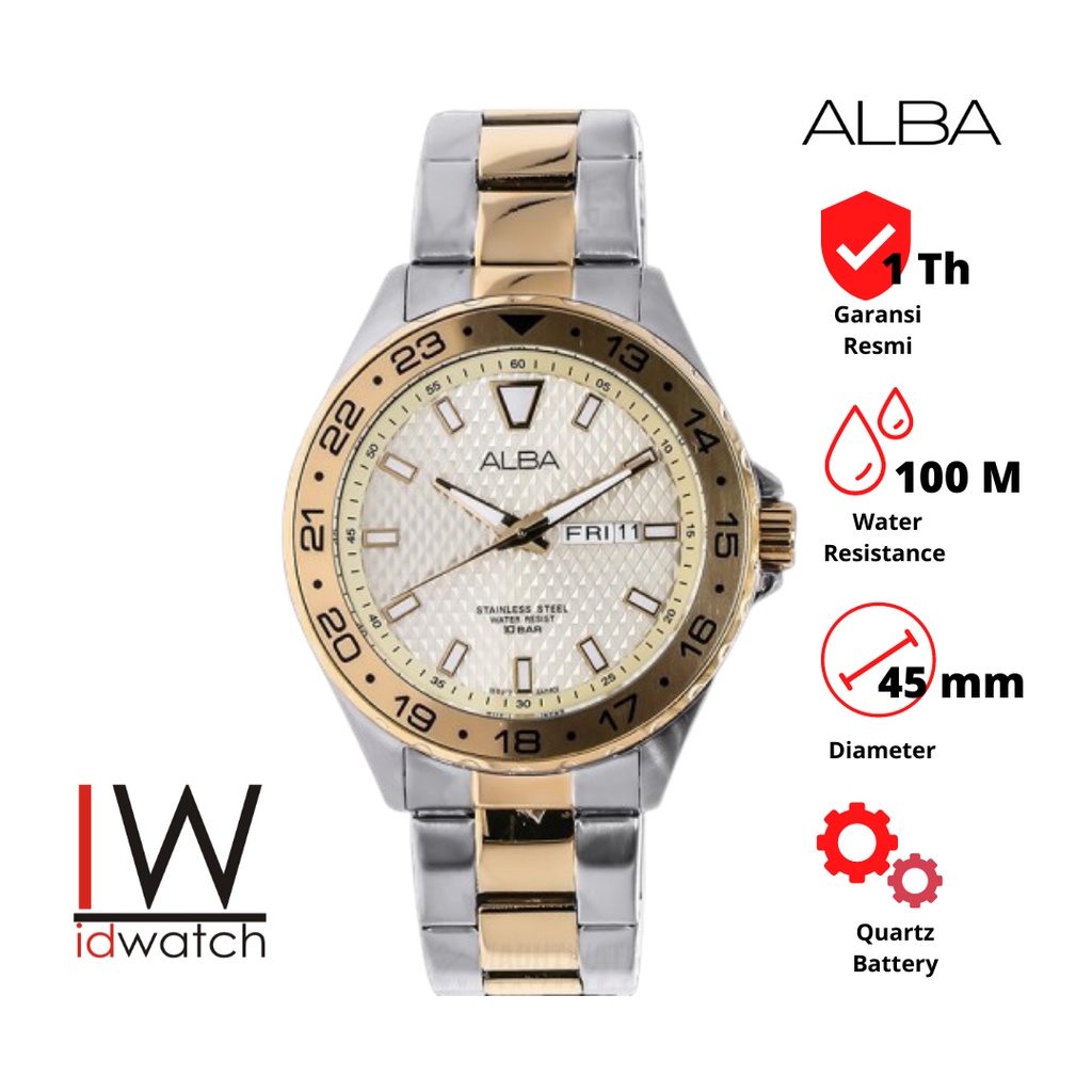 Alba AV3502X1 Quartz Jam Tangan Pria Original AV3502 Strap Rantai Stainless Two Tone Silver Gold