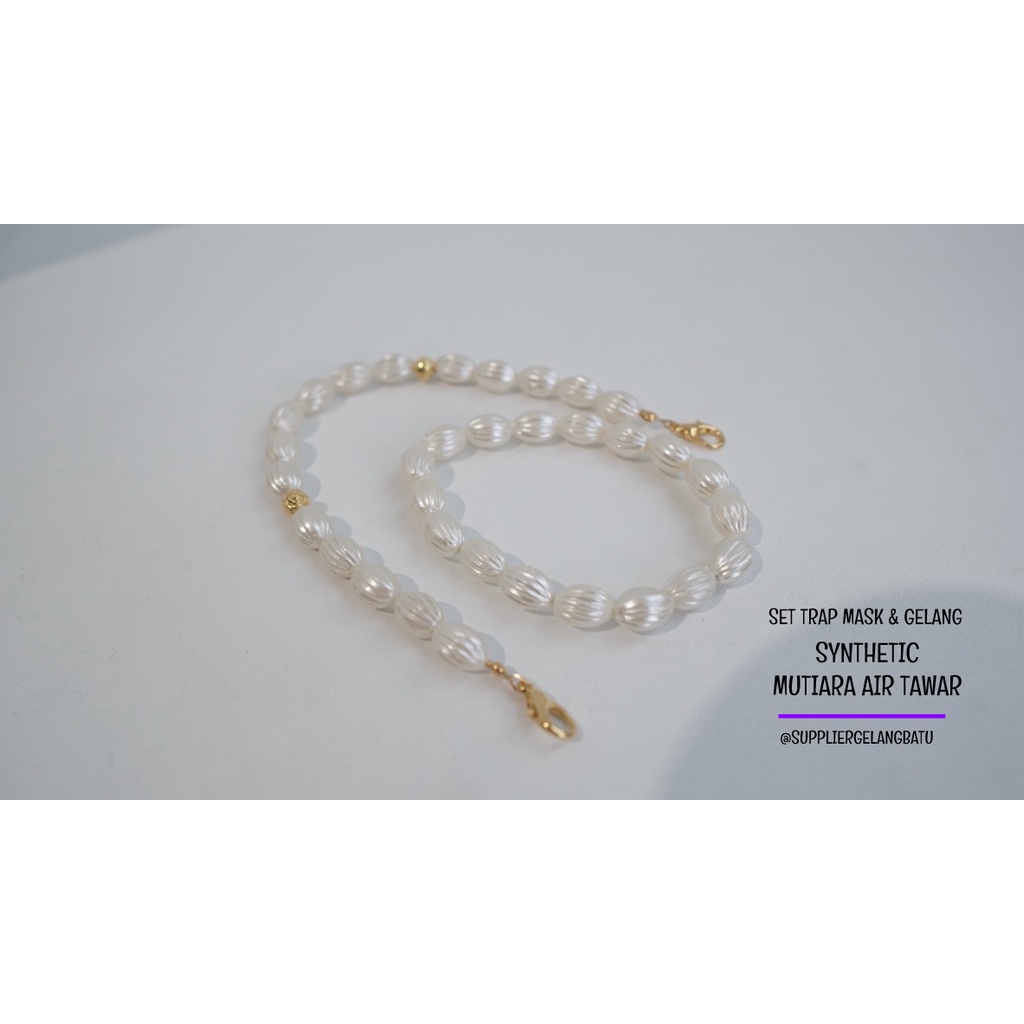 1 set STRAP MASK dan GELANG Mutiara Sintetis OVAL ULIR 10MM WHITE mote