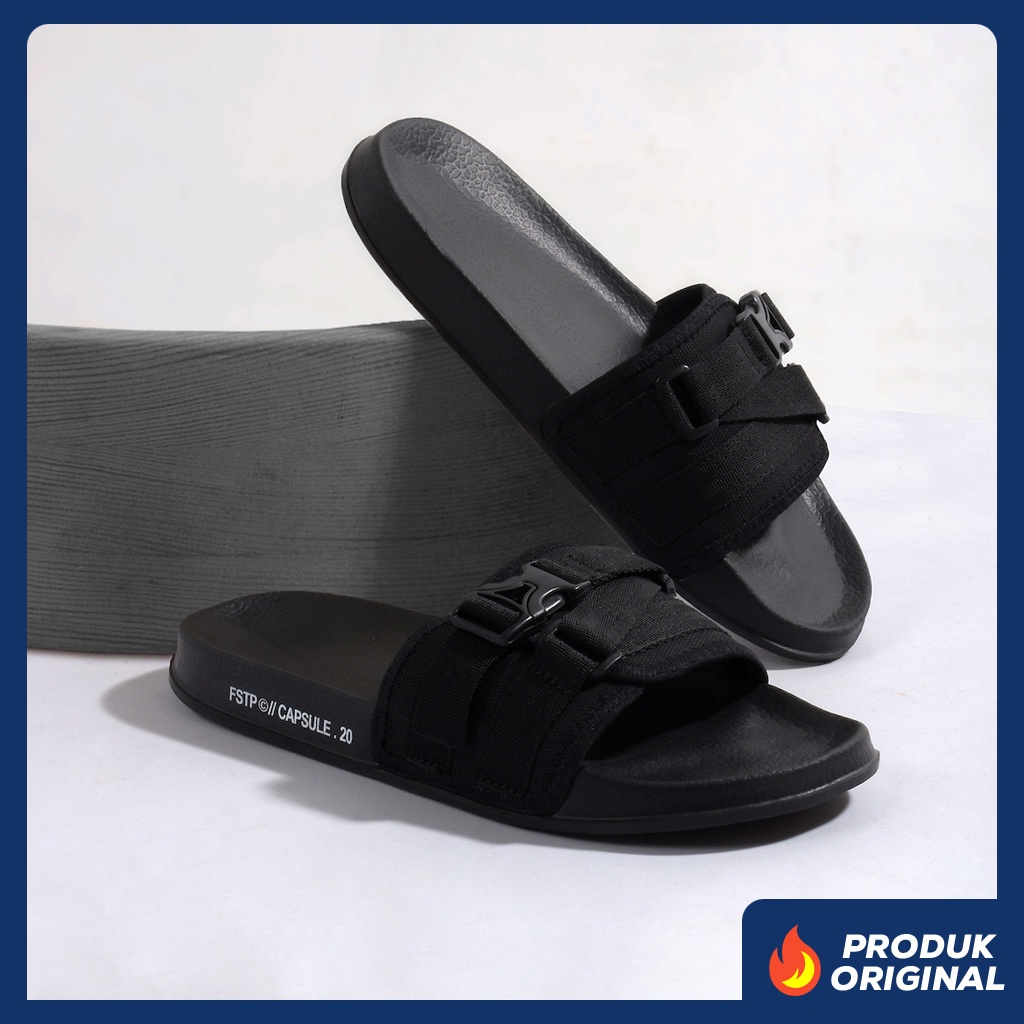 CAPSULE 0.2 ORIGINAL x FOOTSTEP Sandal Casual Full Hitam Pria Sendal Slide Jalan Santai Harian Slippers Hangout Main Lebaran Selop Karet Anti Slip Premium Slip On Remaja Dewasa Flip Flop Kerja Formal Sport Fashion Footwear Keren Terbaru Kekinian Branded