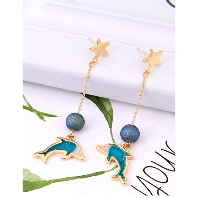 LRC Anting Tusuk Fashion Gold S925 Silver Needle Drip Dolphins Earrings F94044