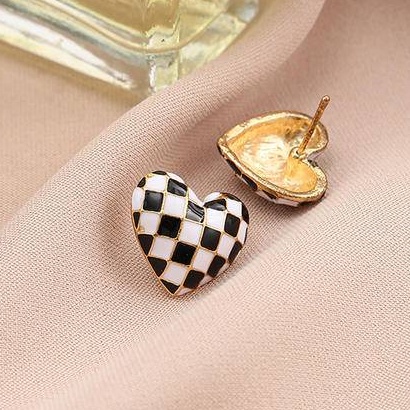 Anting Tusuk Bentuk Geometri Motif Kotak-Kotak Hitam Putih Bahan Metal Gaya Vintage Untuk Wanita