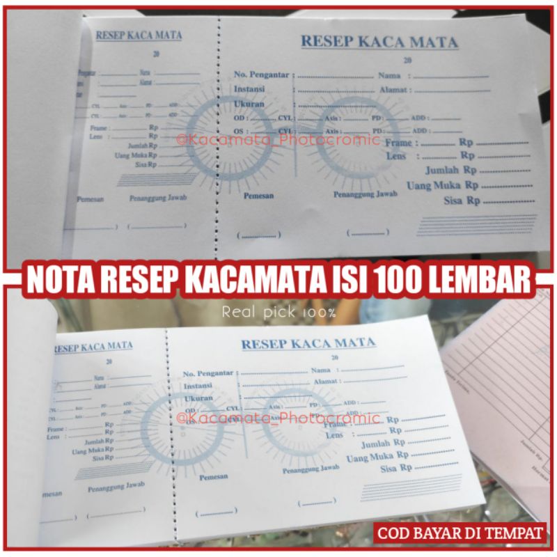 TERMURAH Nota RESEP Pembelian Kacamata Plus Minus Cylinder Frame isi 100 Lembar Kwitansi