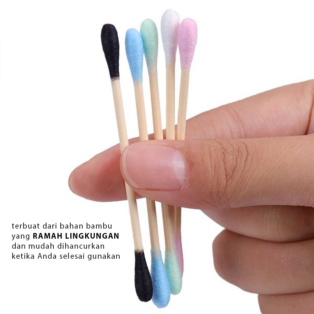 Cotton Bud Korek Kuping 200 PCS Katembat Pembersih Telinga Kayu Ear Pick Spiral Cutton Bud Kapas Warna Warni