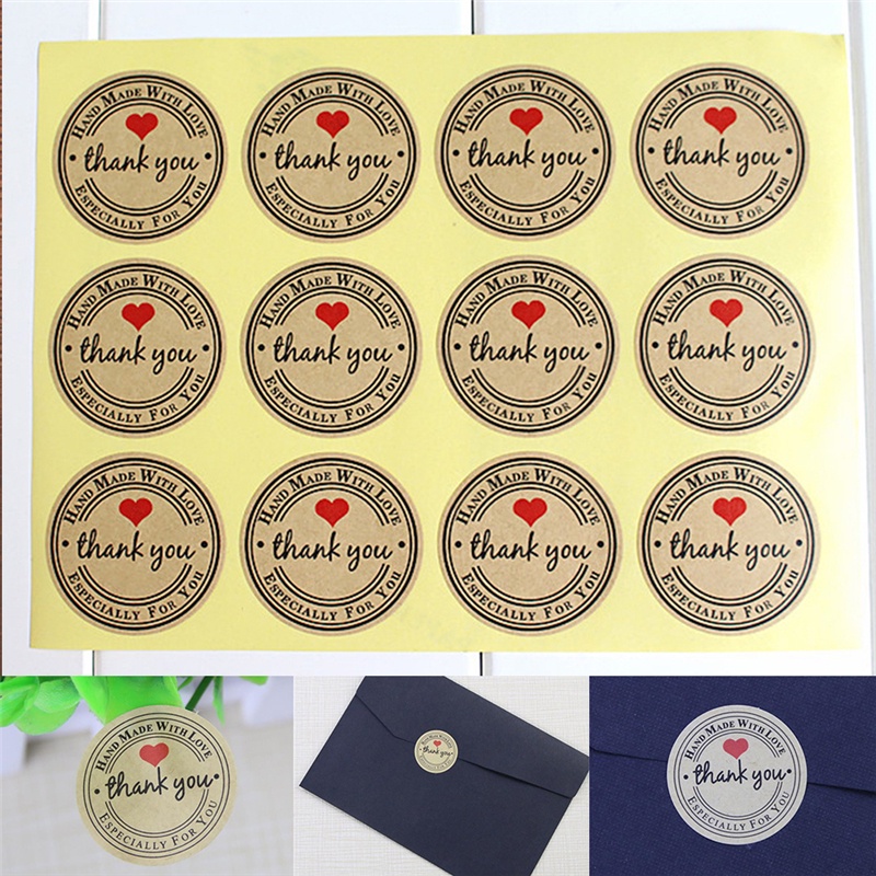 12 / 60pcs / 20pcs / 20pcs / set Stiker Label Kertas Kraft Handmade With Love Thank You Untuk Pesta Pernikahan