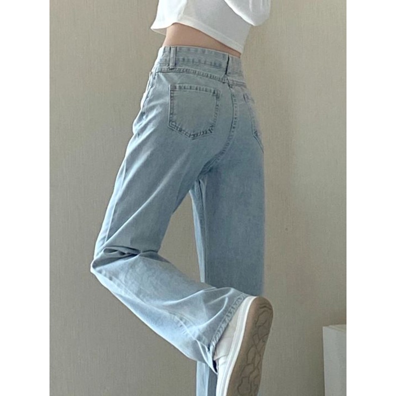 Celana Jeans Longgar Wanita Pinggang Tinggi Biru Muda Korea Baru