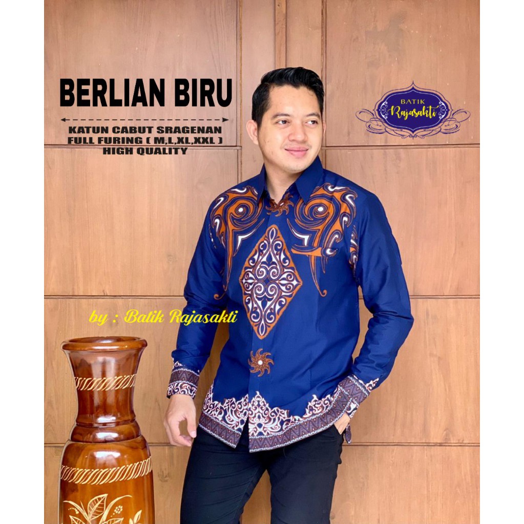 Batik Pria Motif BERLIAN BIRU Full Furing Bahan Katun Halus Sragenan