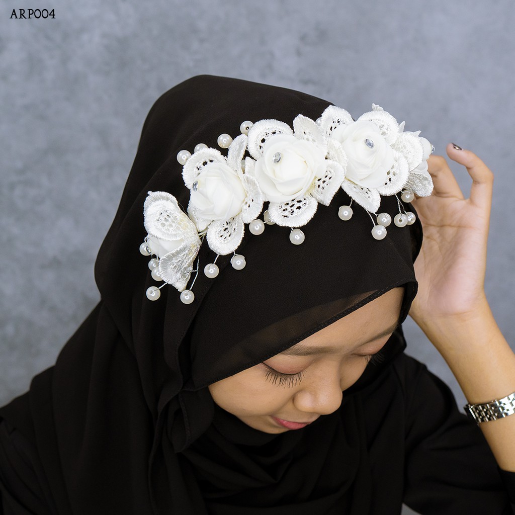 [BISA COD] HEADPIACE HIJAB WEDDING AKSESORIS FASHION BUNGA PUTIH ARP004