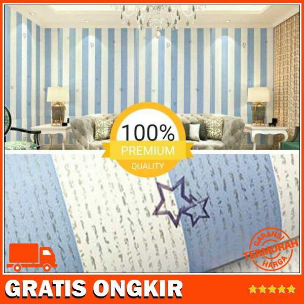 WALLPAPER STICKER DINDING BIRU GARIS PUTIH BERBINTANG KEREN MODERN
