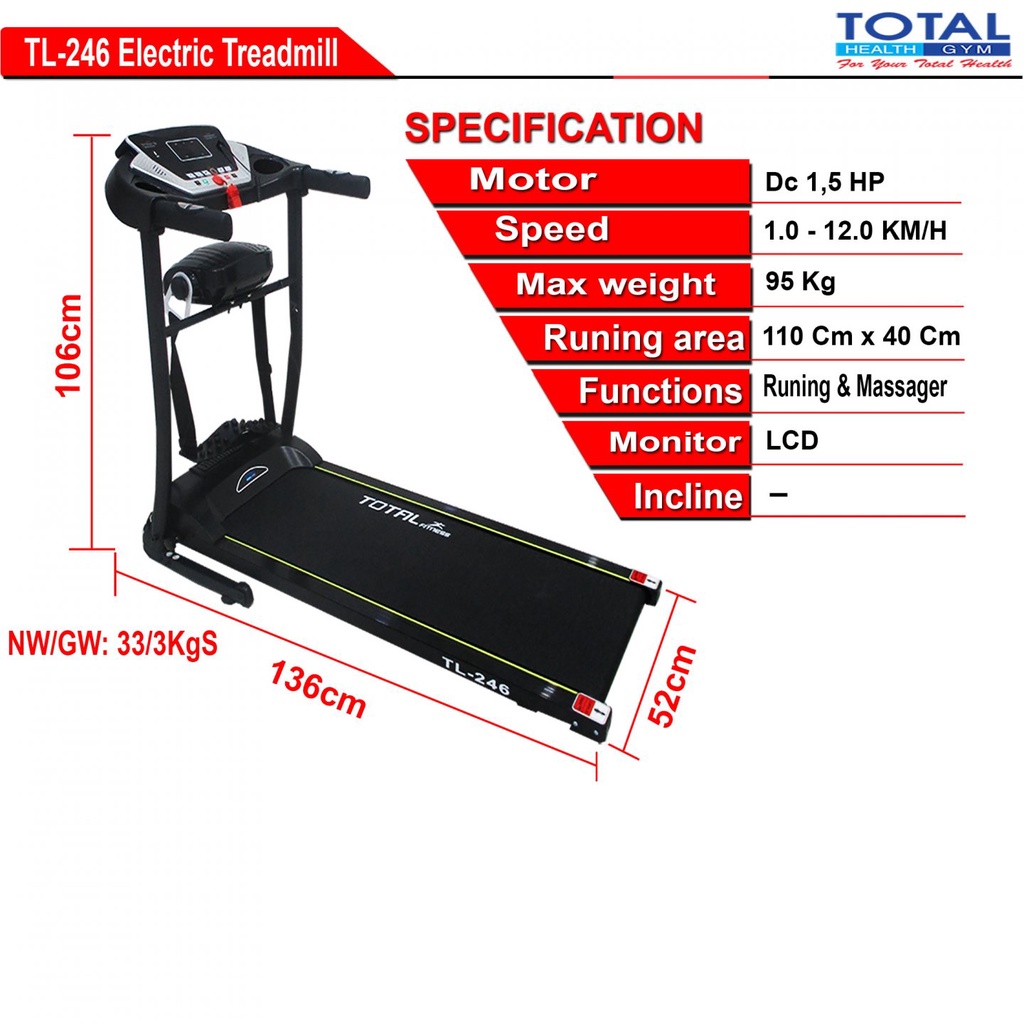 TOTAL HEALTH GYM - New Alat Olahraga Fitness Gym Sport Latihan Kardio Walking Pad Treadmill Listrik Elektrik Total TL 246 + Massager