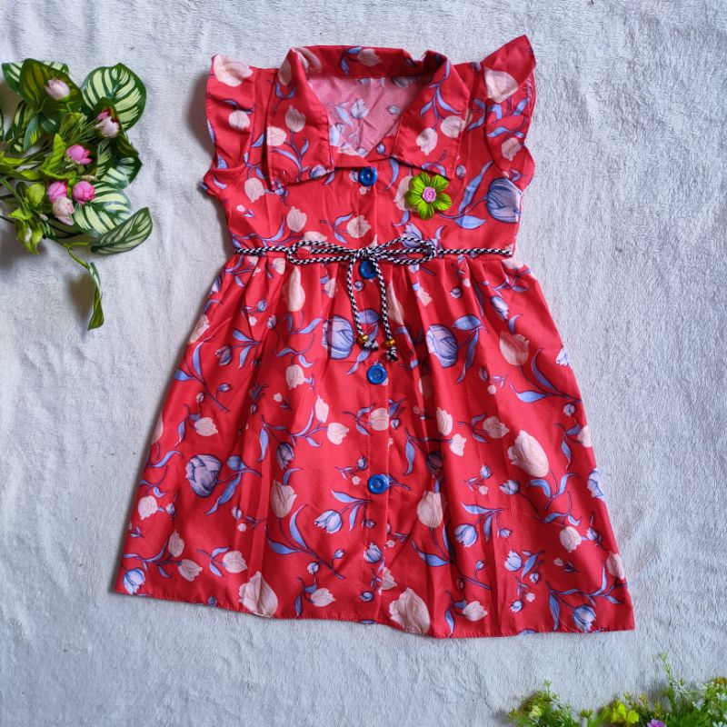 Dress anak usia pakai 1 2 tahun motif tulip kancing fatonah shop ( dress kancing tulip )