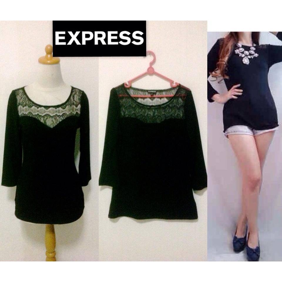 Atasan Blouse BRANDED Lace yoke blouse EXPRESS (hitam)