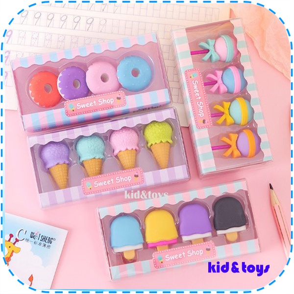 

1 Set 4 Pieces Penghapus Unik Motif Candy dan Es Krim