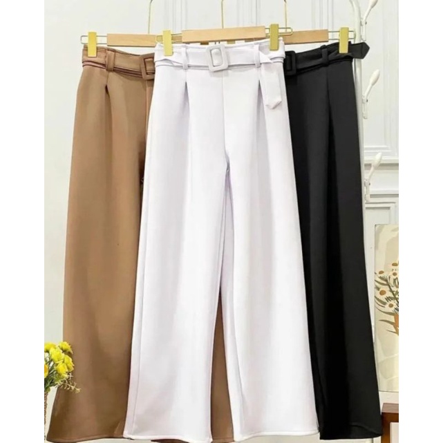 Celana Panjang Kulot Scuba Sabuk Highwaist Pants Outfit Remaja Kekinian Casual Simple