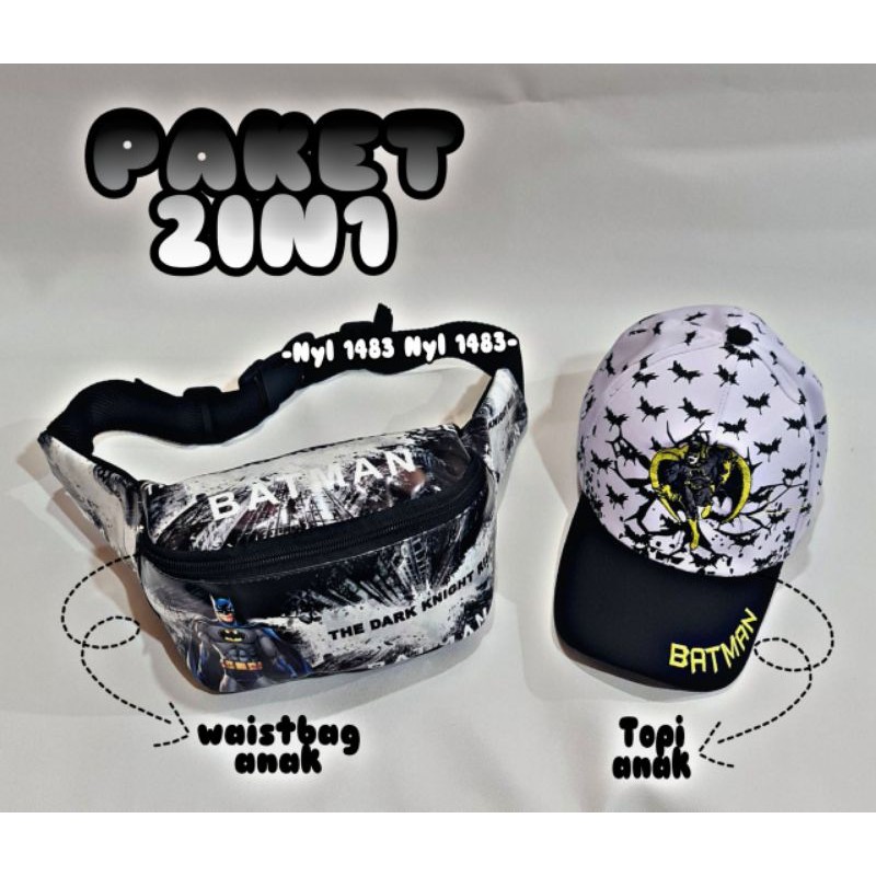 Paket 2in1 Tas Selempang Waistbag anak Laki-laki karakter / free topi anak