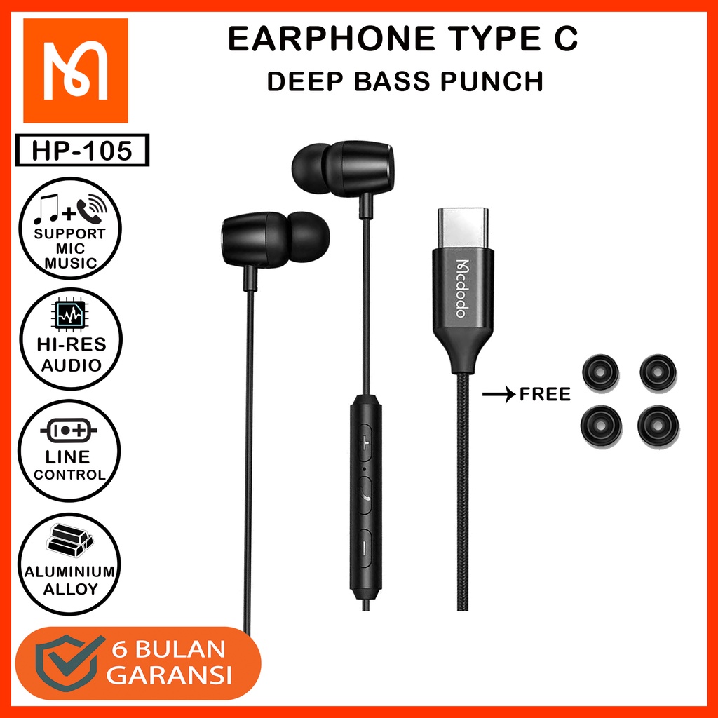 MCDODO Headset Earphone Samsung S21 ,S21Ultra Type C Hi-Res Audio MiC Music Volume Contol-HP-1050 BLACK