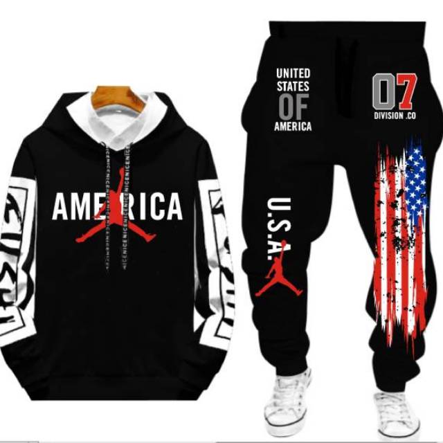 N_S Stelan Pria/Wanita 1Set Hoodie Panjang+Celana Jogger America_Jorden