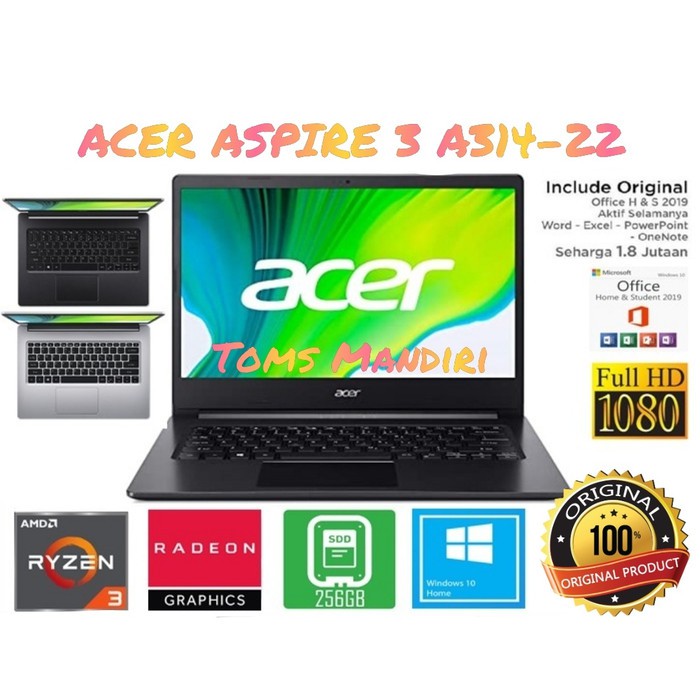 ACER ASPIRE 3 SLIM A314-22 RYZEN 3-3250U/4GB/256GB/Win 10+OHS/14" FHD