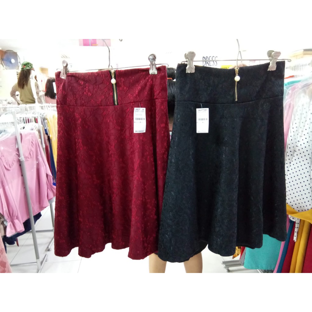 Rok Pendek Wanita Bordir Emboss Brokat Pinggang Karet