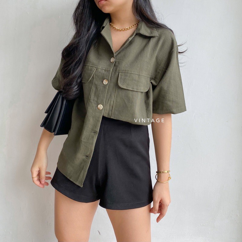 KEMEJA WANITA CASUAL POCKET TOP KEMEJA WANITA POLOS BASIC MURAH-Army