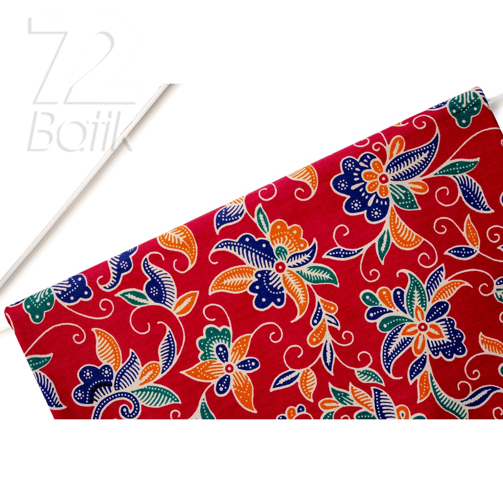 KAIN BATIK KATUN Premium Motif Kembang Warna Merah Orange Oranye Biru 722915 Cap 72 Jarik Jarit Samping Kebat Panjang Batik Katun Modern Premium Bahan Seragam Batik Pernikahan Kantor Keluarga Murah Kamen Jadi Batik Bali Lembaran