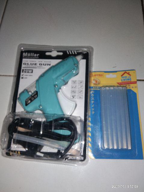 Paket Mollar Glue Gun 20 Watt Biru & Lipro Refill Lilin Lem Tembak