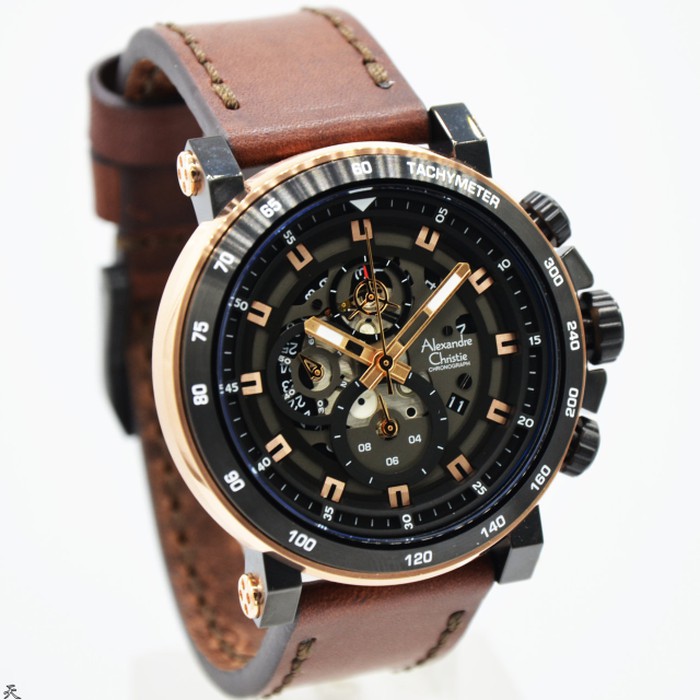 JAM TANGAN PRIA WANITA   ALEXANDRE CHRISTIE AC6429 MC BLACK ROSEGOLD BROWN