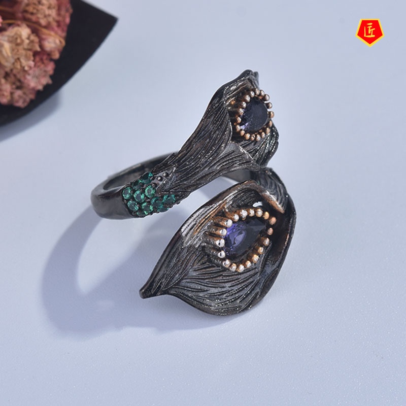 [Ready Stock]Gothic Style Black Gold Common Calla Leaf Two-Tone Ring