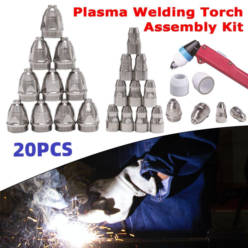 Populer 20pcs Plasma Welding Torch Majelis Kit Tembaga Nikel Disepuh Alat Solder 1.1/1.3/1.5/1.7mm Nozzle Dengan Elektroda