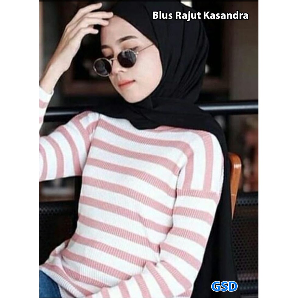 blus rajut kasandra/atasan blouse lengan panjang wanita/blus salur lengan panjang cewek murah