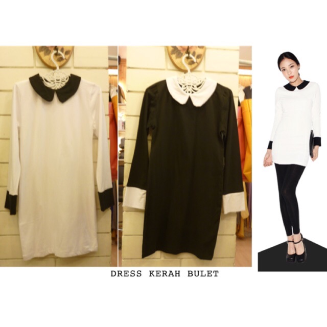 DRESS PUTIH KERAH HITAM . DRESS KERAH BULAT . DRESS KANTOR