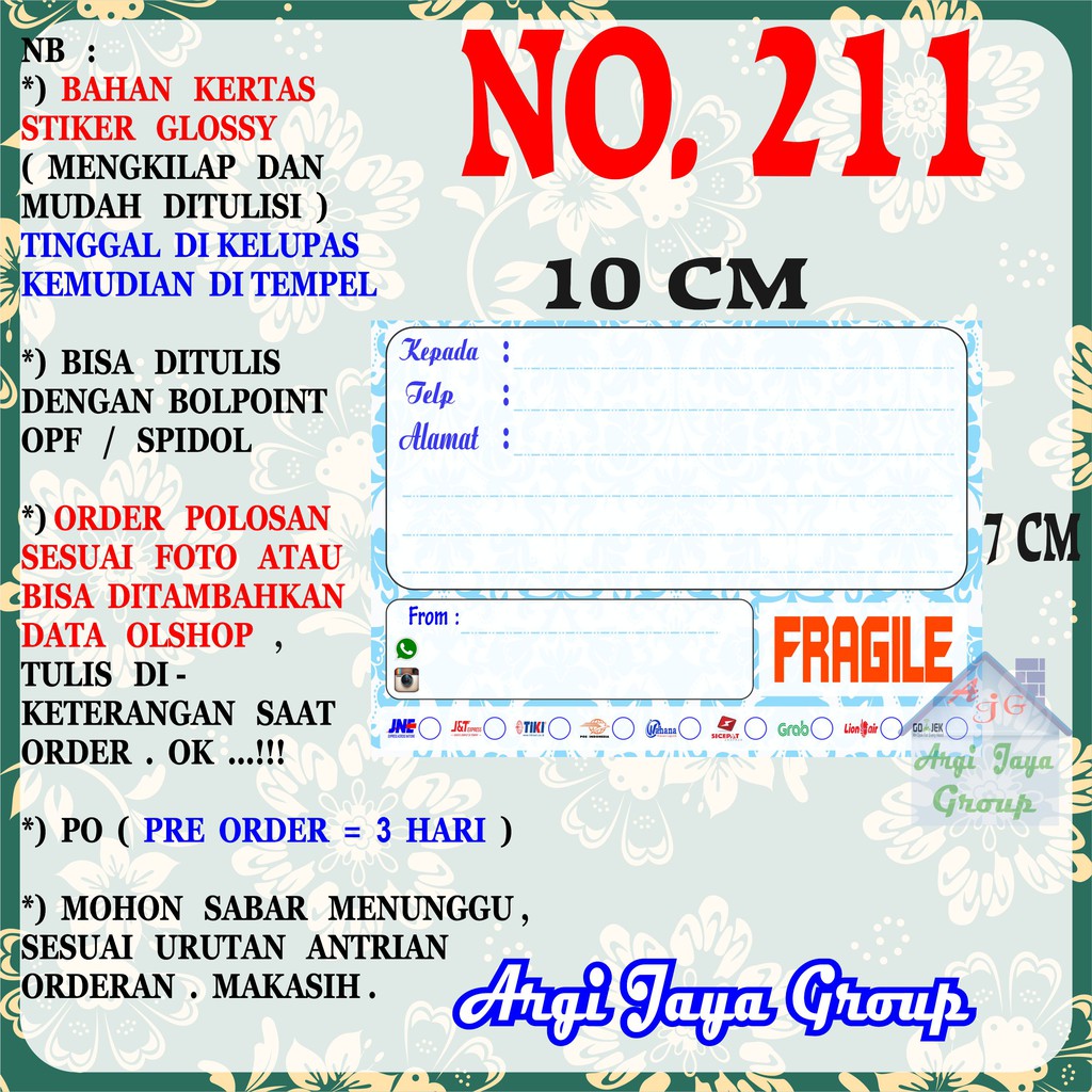 

Stiker Pengiriman - Sticker Alamat Olshop Murah Nomer 211 - 10x7 cm - Glossy