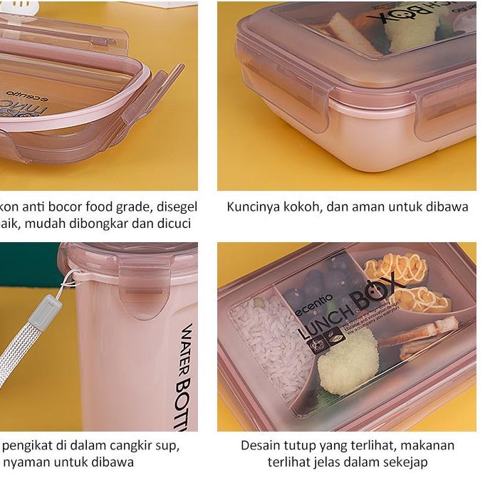 ️✔️✔️ ecentio 2/4 Sekat lunch box set tempat makan anti tumpah 1100ml Kotak makan dan botol minum lu