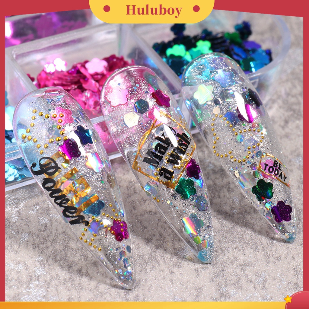 Huluboy Huluboy♡ 6 Grids / Box Serpihan Glitter Sequin Bentuk Bunga Ultra Tipis Untuk Dekorasi Manicure Charms