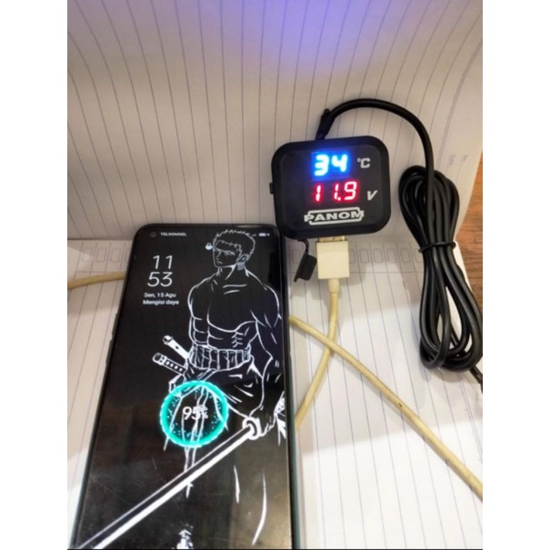 Voltmeter aki 3 in 1 plus usb casan dan temperatur suhu model koso