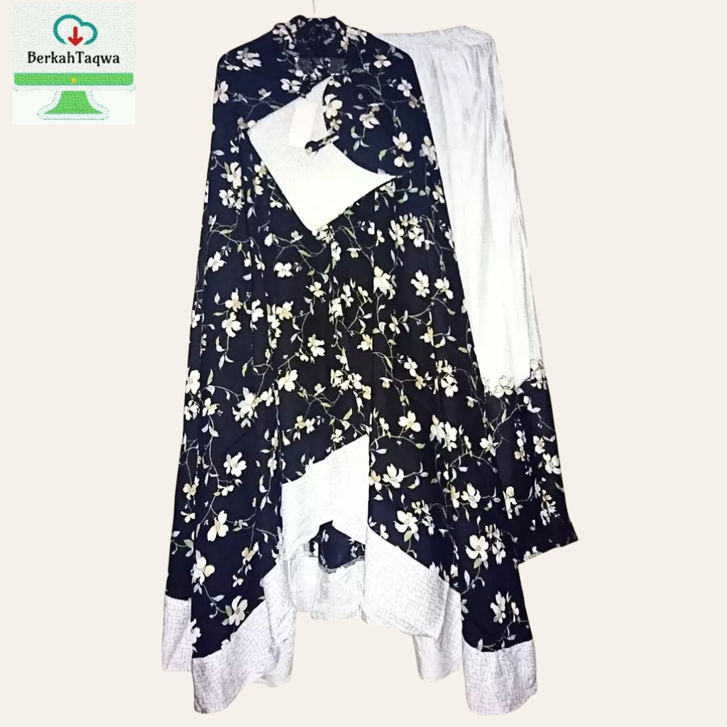 Mukena Dewasa Rayon Premium Hitam Putih Motif Bunga Bunga Adem Tebal Cantik/Mukena Jumbo
