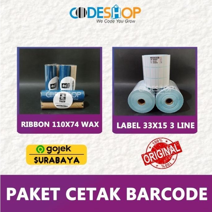 

!!!!!!] (PAKET) TINTA PRINTER ZEBRA ZD-220 WAX 110X74 + LABEL SEMICOATED 33X15